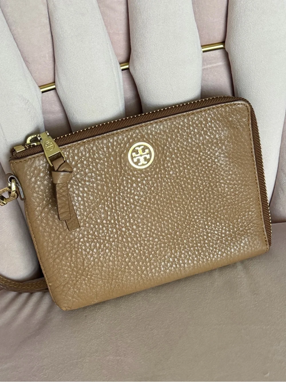 Tory Burch Brown Pebbled Leather Large Wristlet